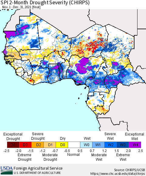 Western Africa SPI 2-Month Drought Severity (CHIRPS) Thematic Map For 11/1/2021 - 12/31/2021