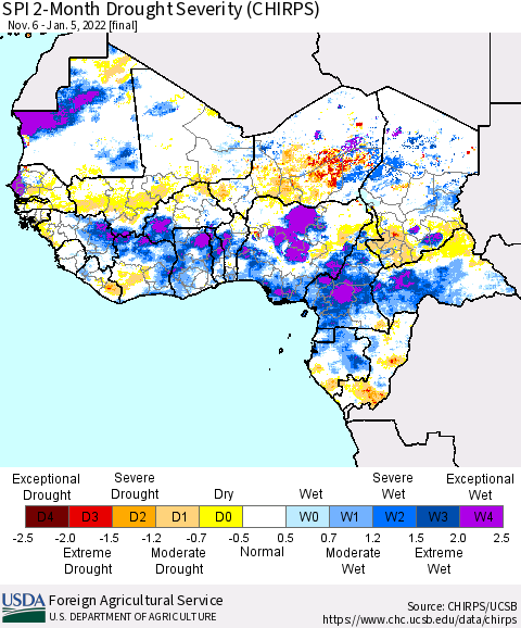 Western Africa SPI 2-Month Drought Severity (CHIRPS) Thematic Map For 11/6/2021 - 1/5/2022