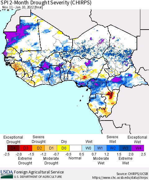 Western Africa SPI 2-Month Drought Severity (CHIRPS) Thematic Map For 11/11/2021 - 1/10/2022