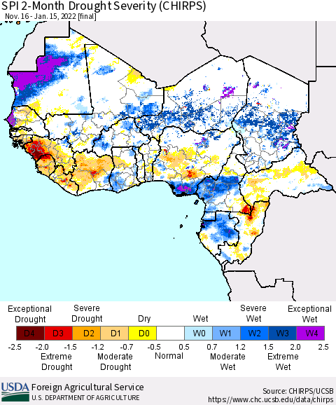 Western Africa SPI 2-Month Drought Severity (CHIRPS) Thematic Map For 11/16/2021 - 1/15/2022