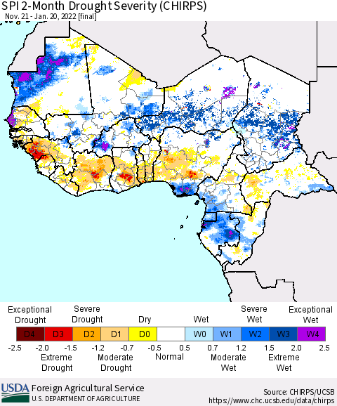 Western Africa SPI 2-Month Drought Severity (CHIRPS) Thematic Map For 11/21/2021 - 1/20/2022