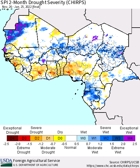 Western Africa SPI 2-Month Drought Severity (CHIRPS) Thematic Map For 11/26/2021 - 1/25/2022
