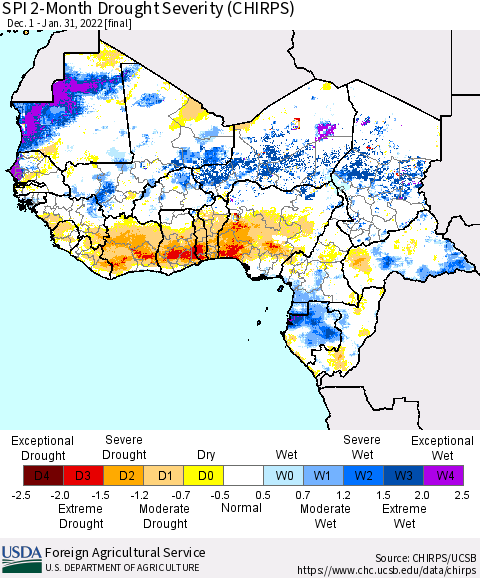 Western Africa SPI 2-Month Drought Severity (CHIRPS) Thematic Map For 12/1/2021 - 1/31/2022