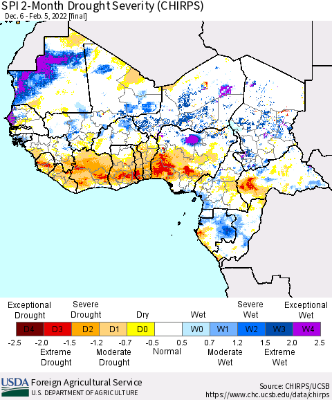 Western Africa SPI 2-Month Drought Severity (CHIRPS) Thematic Map For 12/6/2021 - 2/5/2022