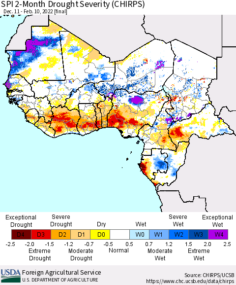 Western Africa SPI 2-Month Drought Severity (CHIRPS) Thematic Map For 12/11/2021 - 2/10/2022
