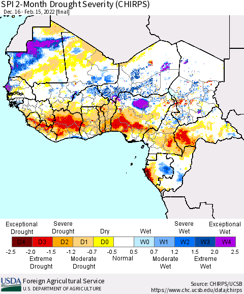 Western Africa SPI 2-Month Drought Severity (CHIRPS) Thematic Map For 12/16/2021 - 2/15/2022