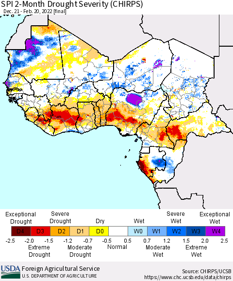 Western Africa SPI 2-Month Drought Severity (CHIRPS) Thematic Map For 12/21/2021 - 2/20/2022