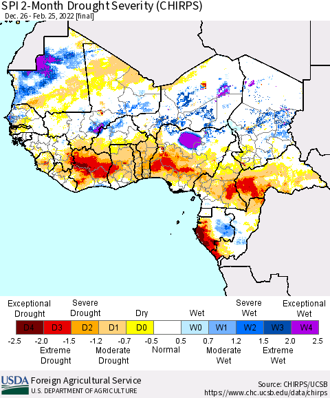 Western Africa SPI 2-Month Drought Severity (CHIRPS) Thematic Map For 12/26/2021 - 2/25/2022