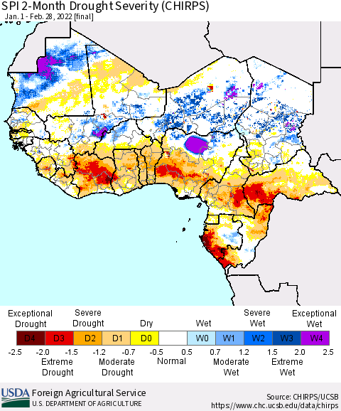 Western Africa SPI 2-Month Drought Severity (CHIRPS) Thematic Map For 1/1/2022 - 2/28/2022