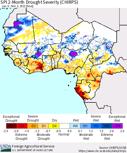 Western Africa SPI 2-Month Drought Severity (CHIRPS) Thematic Map For 1/6/2022 - 3/5/2022