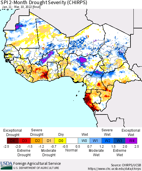 Western Africa SPI 2-Month Drought Severity (CHIRPS) Thematic Map For 1/11/2022 - 3/10/2022