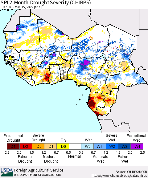 Western Africa SPI 2-Month Drought Severity (CHIRPS) Thematic Map For 1/16/2022 - 3/15/2022