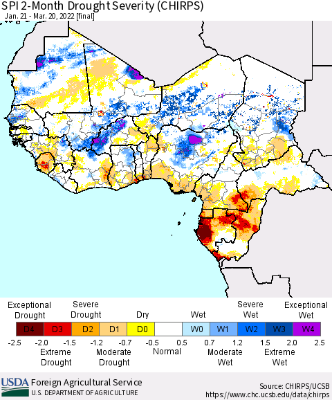 Western Africa SPI 2-Month Drought Severity (CHIRPS) Thematic Map For 1/21/2022 - 3/20/2022