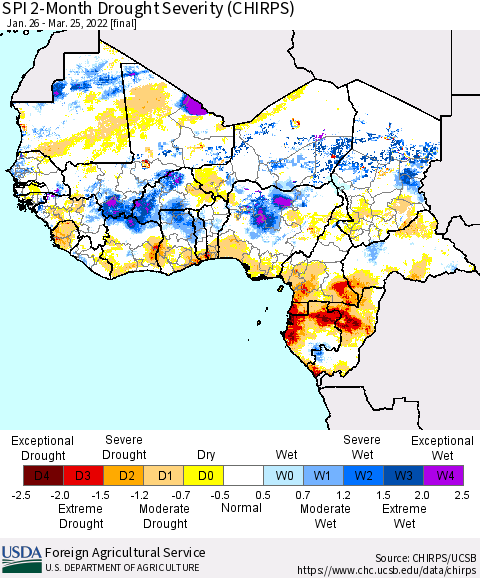 Western Africa SPI 2-Month Drought Severity (CHIRPS) Thematic Map For 1/26/2022 - 3/25/2022