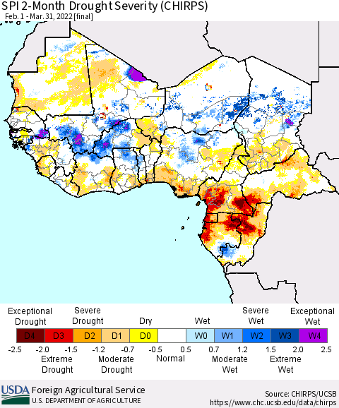 Western Africa SPI 2-Month Drought Severity (CHIRPS) Thematic Map For 2/1/2022 - 3/31/2022