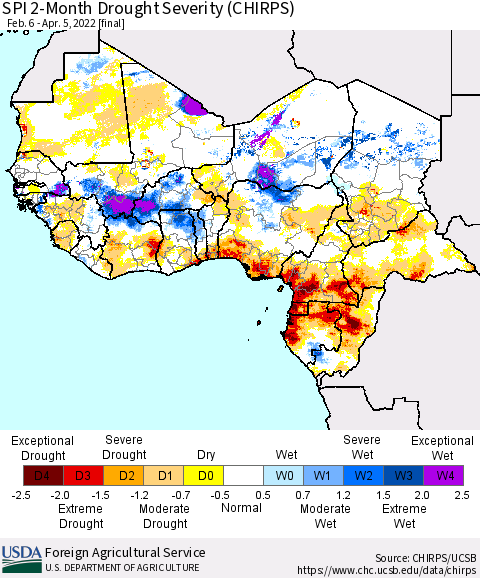 Western Africa SPI 2-Month Drought Severity (CHIRPS) Thematic Map For 2/6/2022 - 4/5/2022