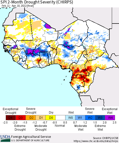 Western Africa SPI 2-Month Drought Severity (CHIRPS) Thematic Map For 2/11/2022 - 4/10/2022