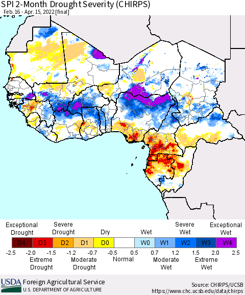 Western Africa SPI 2-Month Drought Severity (CHIRPS) Thematic Map For 2/16/2022 - 4/15/2022