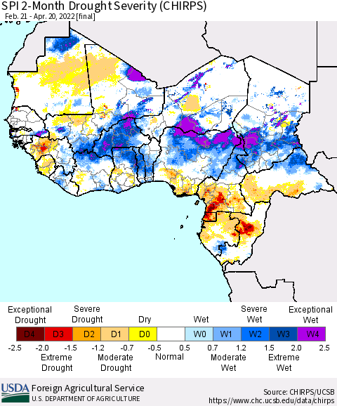 Western Africa SPI 2-Month Drought Severity (CHIRPS) Thematic Map For 2/21/2022 - 4/20/2022