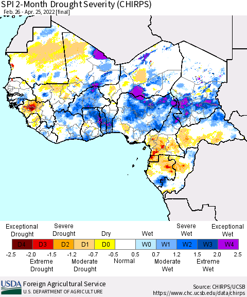 Western Africa SPI 2-Month Drought Severity (CHIRPS) Thematic Map For 2/26/2022 - 4/25/2022