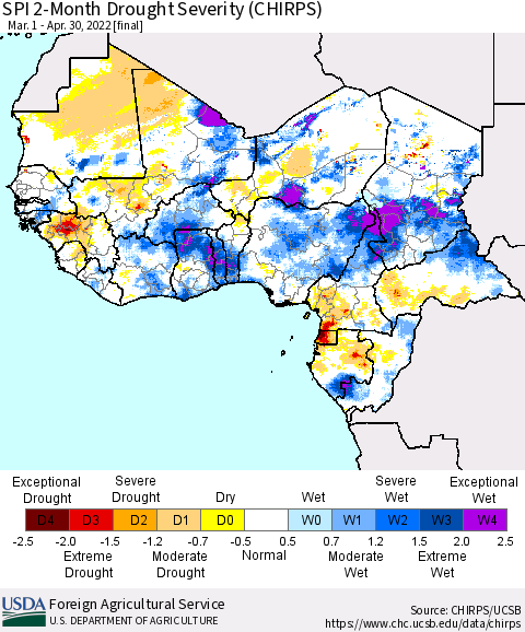 Western Africa SPI 2-Month Drought Severity (CHIRPS) Thematic Map For 3/1/2022 - 4/30/2022