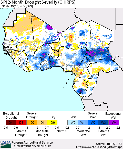 Western Africa SPI 2-Month Drought Severity (CHIRPS) Thematic Map For 3/6/2022 - 5/5/2022