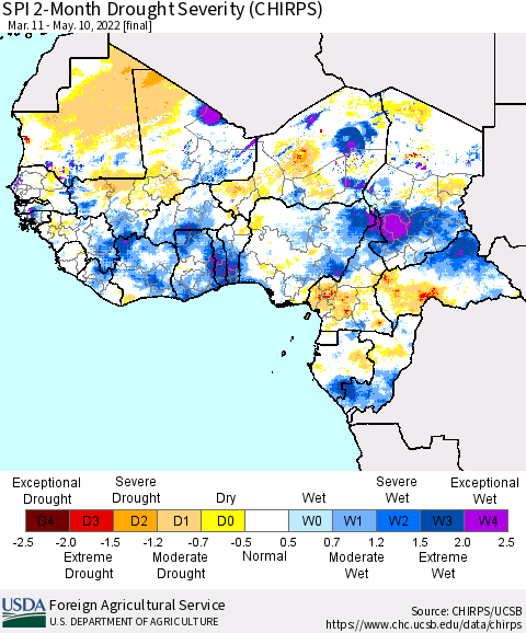 Western Africa SPI 2-Month Drought Severity (CHIRPS) Thematic Map For 3/11/2022 - 5/10/2022