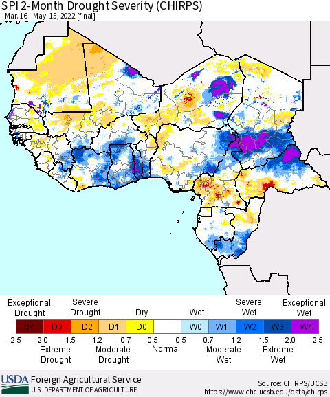 Western Africa SPI 2-Month Drought Severity (CHIRPS) Thematic Map For 3/16/2022 - 5/15/2022