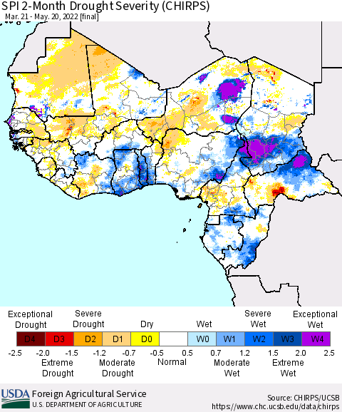 Western Africa SPI 2-Month Drought Severity (CHIRPS) Thematic Map For 3/21/2022 - 5/20/2022