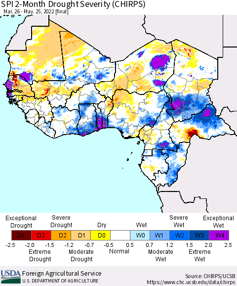 Western Africa SPI 2-Month Drought Severity (CHIRPS) Thematic Map For 3/26/2022 - 5/25/2022