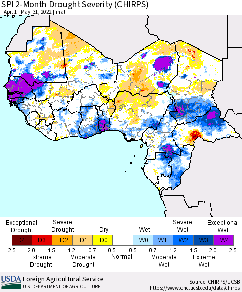 Western Africa SPI 2-Month Drought Severity (CHIRPS) Thematic Map For 4/1/2022 - 5/31/2022