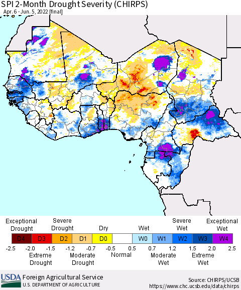 Western Africa SPI 2-Month Drought Severity (CHIRPS) Thematic Map For 4/6/2022 - 6/5/2022
