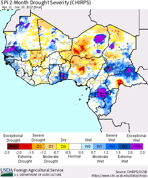 Western Africa SPI 2-Month Drought Severity (CHIRPS) Thematic Map For 4/11/2022 - 6/10/2022