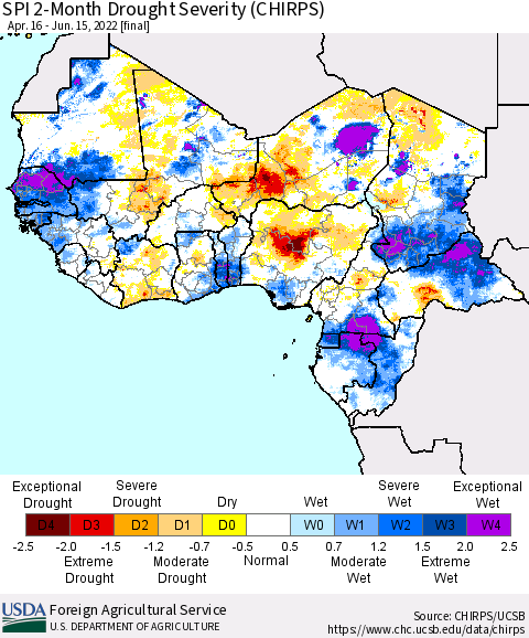 Western Africa SPI 2-Month Drought Severity (CHIRPS) Thematic Map For 4/16/2022 - 6/15/2022