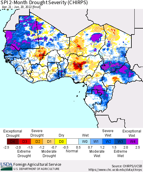 Western Africa SPI 2-Month Drought Severity (CHIRPS) Thematic Map For 4/21/2022 - 6/20/2022