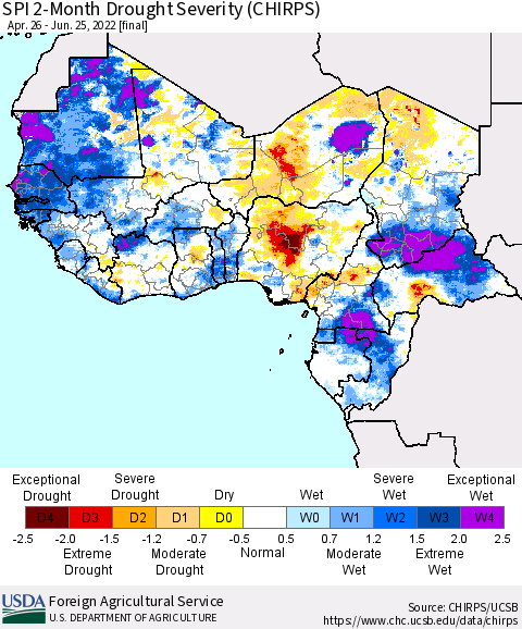 Western Africa SPI 2-Month Drought Severity (CHIRPS) Thematic Map For 4/26/2022 - 6/25/2022