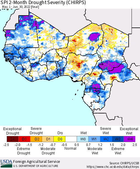 Western Africa SPI 2-Month Drought Severity (CHIRPS) Thematic Map For 5/1/2022 - 6/30/2022