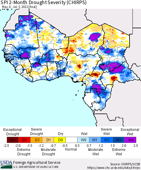 Western Africa SPI 2-Month Drought Severity (CHIRPS) Thematic Map For 5/6/2022 - 7/5/2022