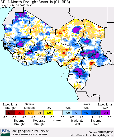 Western Africa SPI 2-Month Drought Severity (CHIRPS) Thematic Map For 5/11/2022 - 7/10/2022