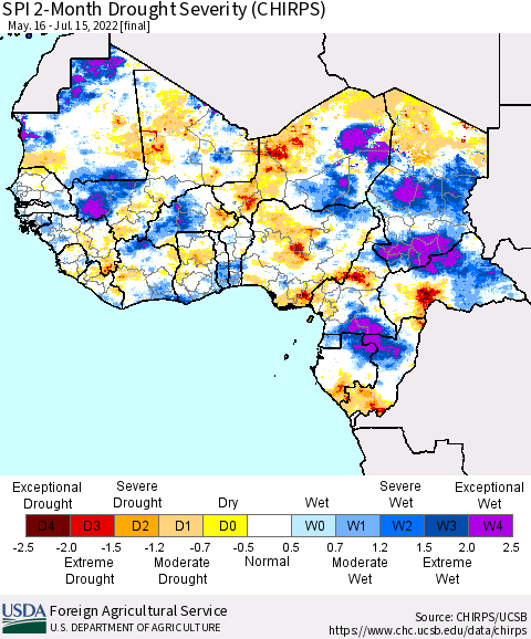 Western Africa SPI 2-Month Drought Severity (CHIRPS) Thematic Map For 5/16/2022 - 7/15/2022
