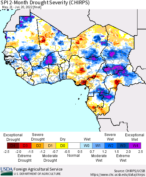 Western Africa SPI 2-Month Drought Severity (CHIRPS) Thematic Map For 5/21/2022 - 7/20/2022