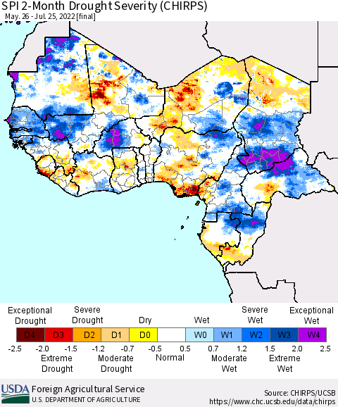 Western Africa SPI 2-Month Drought Severity (CHIRPS) Thematic Map For 5/26/2022 - 7/25/2022