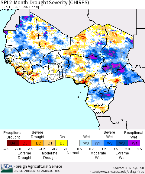 Western Africa SPI 2-Month Drought Severity (CHIRPS) Thematic Map For 6/1/2022 - 7/31/2022