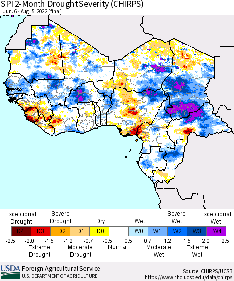 Western Africa SPI 2-Month Drought Severity (CHIRPS) Thematic Map For 6/6/2022 - 8/5/2022
