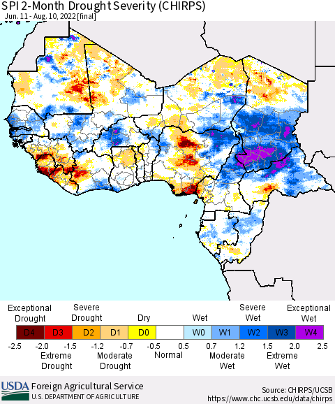 Western Africa SPI 2-Month Drought Severity (CHIRPS) Thematic Map For 6/11/2022 - 8/10/2022