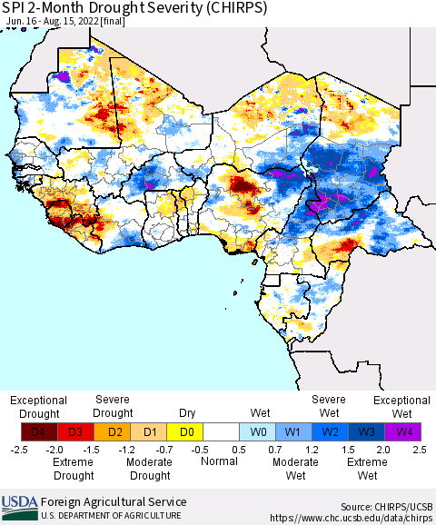 Western Africa SPI 2-Month Drought Severity (CHIRPS) Thematic Map For 6/16/2022 - 8/15/2022