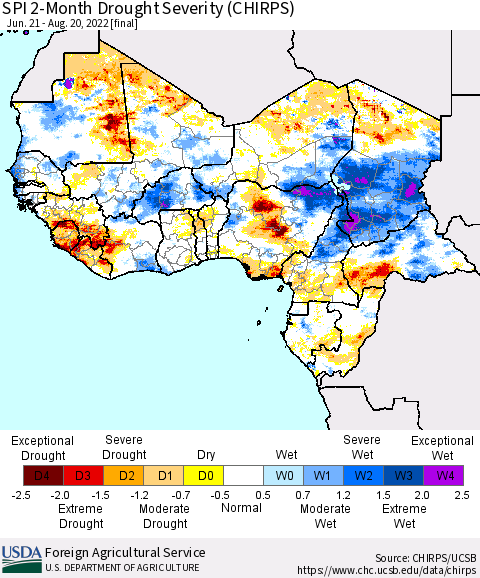 Western Africa SPI 2-Month Drought Severity (CHIRPS) Thematic Map For 6/21/2022 - 8/20/2022