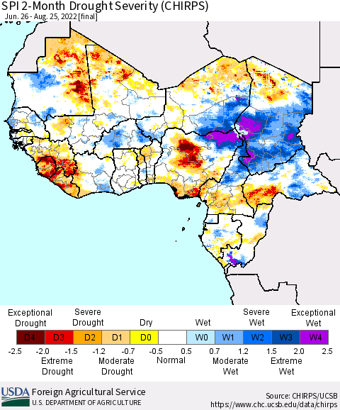 Western Africa SPI 2-Month Drought Severity (CHIRPS) Thematic Map For 6/26/2022 - 8/25/2022