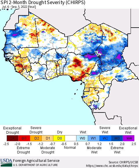Western Africa SPI 2-Month Drought Severity (CHIRPS) Thematic Map For 7/6/2022 - 9/5/2022