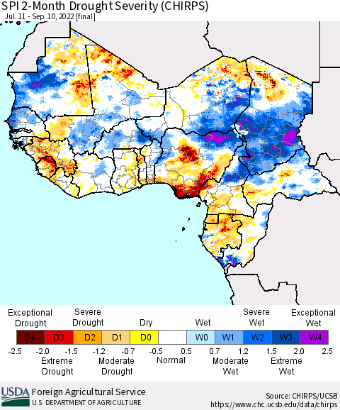 Western Africa SPI 2-Month Drought Severity (CHIRPS) Thematic Map For 7/11/2022 - 9/10/2022